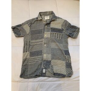 Hollister Men's Patchwork Geometric Short Sleeve Button Up Shirt Blue White M